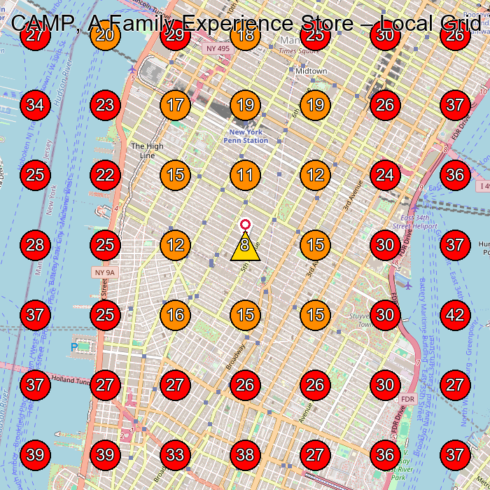 CAMP, A Family Experience Store GeoGrid visibility map for Toy Store in Jersey City